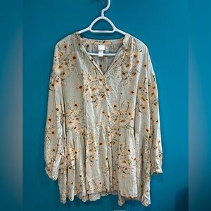 Cottagecore Flowy Bohemian H&M Floral Print Dress in Soft Green and Yellow